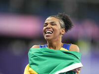 Rayane Soares Da Silva of Brazil celebrates winning silver in Women's 100m - T13 Final during the Paris 2024 Paralympic Games at Stade de Fr...