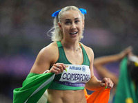 Orla Comerford of Ireland celebrates winning bronze in Women's 100m - T13 Final during the Paris 2024 Paralympic Games at Stade de France on...