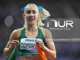 Orla Comerford of Ireland celebrates winning bronze in Women's 100m - T13 Final during the Paris 2024 Paralympic Games at Stade de France on...