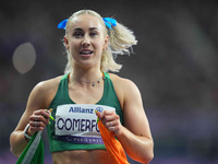 Orla Comerford of Ireland celebrates winning bronze in Women's 100m - T13 Final during the Paris 2024 Paralympic Games at Stade de France on...