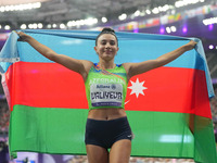 Lamiya Valiyeva of Azerbaijan celebrates winning gold in Women's 100m - T13 Final during the Paris 2024 Paralympic Games at Stade de France...