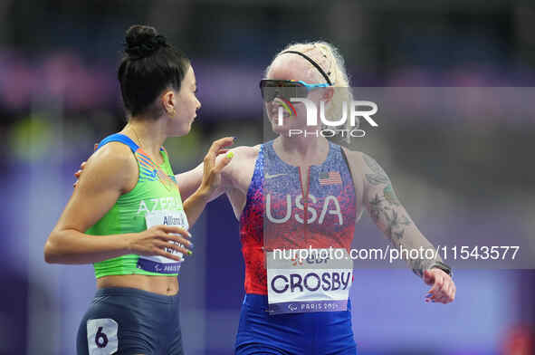 Kym Crosby of United States of America looks on in Women's 100m - T13 Final during the Paris 2024 Paralympic Games at Stade de France on Sep...