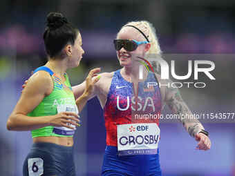 Kym Crosby of United States of America looks on in Women's 100m - T13 Final during the Paris 2024 Paralympic Games at Stade de France on Sep...