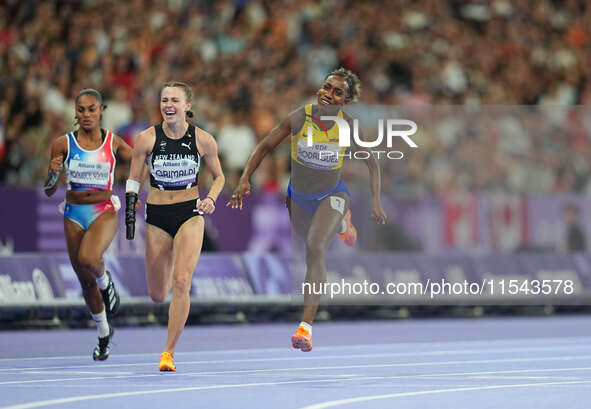 Kiara Rodriguez of Ecuador celebrates winning gold in Women's 100m - T46 Final during the Paris 2024 Paralympic Games at Stade de France on...