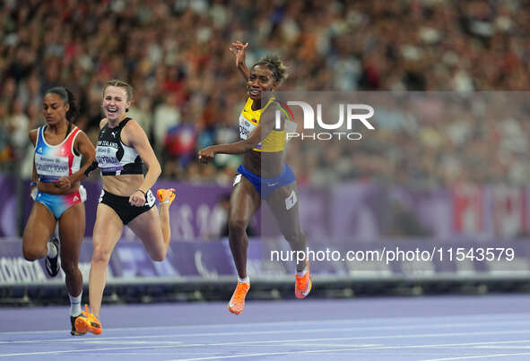 Kiara Rodriguez of Ecuador celebrates winning gold in Women's 100m - T46 Final during the Paris 2024 Paralympic Games at Stade de France on...