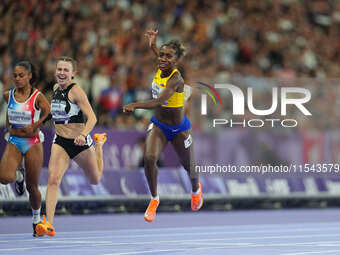 Kiara Rodriguez of Ecuador celebrates winning gold in Women's 100m - T46 Final during the Paris 2024 Paralympic Games at Stade de France on...