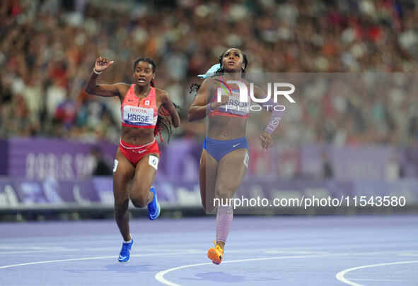 Brittni Mason of United States of America celebrates winning silver in Women's 100m - T46 Final during the Paris 2024 Paralympic Games at St...