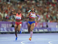 Brittni Mason of United States of America celebrates winning silver in Women's 100m - T46 Final during the Paris 2024 Paralympic Games at St...