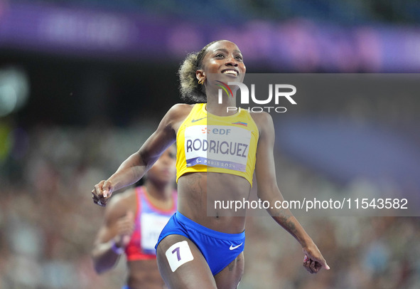 Kiara Rodriguez of Ecuador celebrates winning gold in Women's 100m - T46 Final during the Paris 2024 Paralympic Games at Stade de France on...