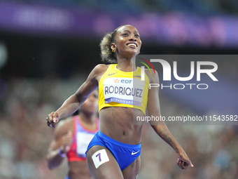 Kiara Rodriguez of Ecuador celebrates winning gold in Women's 100m - T46 Final during the Paris 2024 Paralympic Games at Stade de France on...