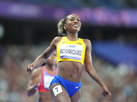 Kiara Rodriguez of Ecuador celebrates winning gold in Women's 100m - T46 Final during the Paris 2024 Paralympic Games at Stade de France on...