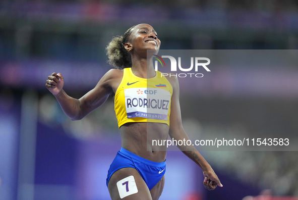 Kiara Rodriguez of Ecuador celebrates winning gold in Women's 100m - T46 Final during the Paris 2024 Paralympic Games at Stade de France on...