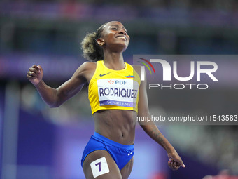 Kiara Rodriguez of Ecuador celebrates winning gold in Women's 100m - T46 Final during the Paris 2024 Paralympic Games at Stade de France on...