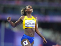 Kiara Rodriguez of Ecuador celebrates winning gold in Women's 100m - T46 Final during the Paris 2024 Paralympic Games at Stade de France on...