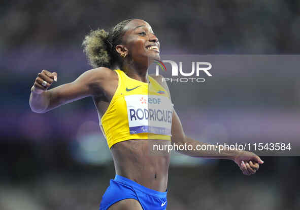 Kiara Rodriguez of Ecuador celebrates winning gold in Women's 100m - T46 Final during the Paris 2024 Paralympic Games at Stade de France on...