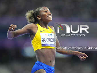 Kiara Rodriguez of Ecuador celebrates winning gold in Women's 100m - T46 Final during the Paris 2024 Paralympic Games at Stade de France on...