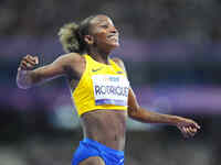 Kiara Rodriguez of Ecuador celebrates winning gold in Women's 100m - T46 Final during the Paris 2024 Paralympic Games at Stade de France on...