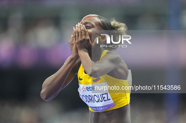 Kiara Rodriguez of Ecuador celebrates winning gold in Women's 100m - T46 Final during the Paris 2024 Paralympic Games at Stade de France on...