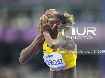 Kiara Rodriguez of Ecuador celebrates winning gold in Women's 100m - T46 Final during the Paris 2024 Paralympic Games at Stade de France on...