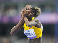 Kiara Rodriguez of Ecuador celebrates winning gold in Women's 100m - T46 Final during the Paris 2024 Paralympic Games at Stade de France on...