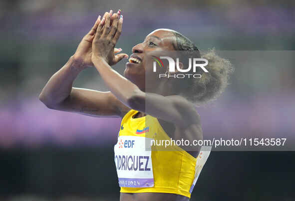 Kiara Rodriguez of Ecuador celebrates winning gold in Women's 100m - T46 Final during the Paris 2024 Paralympic Games at Stade de France on...