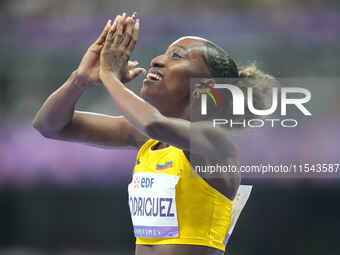 Kiara Rodriguez of Ecuador celebrates winning gold in Women's 100m - T46 Final during the Paris 2024 Paralympic Games at Stade de France on...