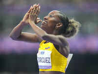 Kiara Rodriguez of Ecuador celebrates winning gold in Women's 100m - T46 Final during the Paris 2024 Paralympic Games at Stade de France on...