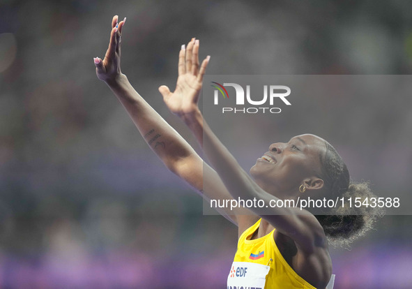 Kiara Rodriguez of Ecuador celebrates winning gold in Women's 100m - T46 Final during the Paris 2024 Paralympic Games at Stade de France on...