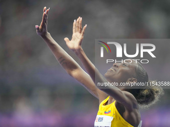 Kiara Rodriguez of Ecuador celebrates winning gold in Women's 100m - T46 Final during the Paris 2024 Paralympic Games at Stade de France on...