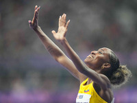 Kiara Rodriguez of Ecuador celebrates winning gold in Women's 100m - T46 Final during the Paris 2024 Paralympic Games at Stade de France on...