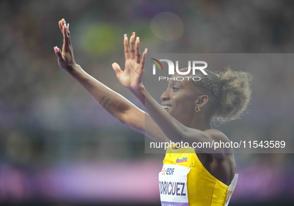 Kiara Rodriguez of Ecuador celebrates winning gold in Women's 100m - T46 Final during the Paris 2024 Paralympic Games at Stade de France on...