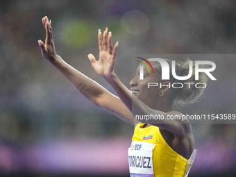 Kiara Rodriguez of Ecuador celebrates winning gold in Women's 100m - T46 Final during the Paris 2024 Paralympic Games at Stade de France on...