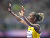 Kiara Rodriguez of Ecuador celebrates winning gold in Women's 100m - T46 Final during the Paris 2024 Paralympic Games at Stade de France on...