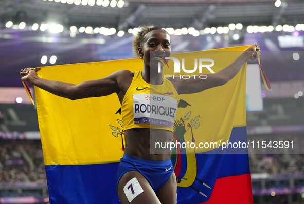 Kiara Rodriguez of Ecuador celebrates winning gold in Women's 100m - T46 Final during the Paris 2024 Paralympic Games at Stade de France on...