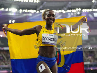 Kiara Rodriguez of Ecuador celebrates winning gold in Women's 100m - T46 Final during the Paris 2024 Paralympic Games at Stade de France on...