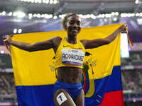 Kiara Rodriguez of Ecuador celebrates winning gold in Women's 100m - T46 Final during the Paris 2024 Paralympic Games at Stade de France on...