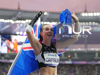 Anna Grimaldi of New Zealand celebrates winning bronze in Women's 100m - T47 Final during the Paris 2024 Paralympic Games at Stade de France...