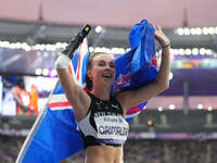 Anna Grimaldi of New Zealand celebrates winning bronze in Women's 100m - T47 Final during the Paris 2024 Paralympic Games at Stade de France...