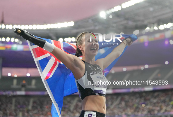 Anna Grimaldi of New Zealand celebrates winning bronze in Women's 100m - T47 Final during the Paris 2024 Paralympic Games at Stade de France...