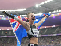 Anna Grimaldi of New Zealand celebrates winning bronze in Women's 100m - T47 Final during the Paris 2024 Paralympic Games at Stade de France...