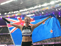 Anna Grimaldi of New Zealand celebrates winning bronze in Women's 100m - T47 Final during the Paris 2024 Paralympic Games at Stade de France...