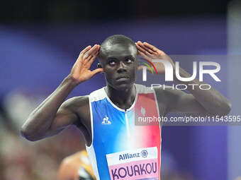 Charles-Antoine Kouakou of France gestures in Men's 400m - T20 Final during the Paris 2024 Paralympic Games at Stade de France on September...