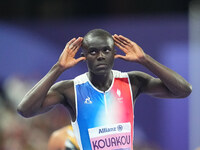 Charles-Antoine Kouakou of France gestures in Men's 400m - T20 Final during the Paris 2024 Paralympic Games at Stade de France on September...