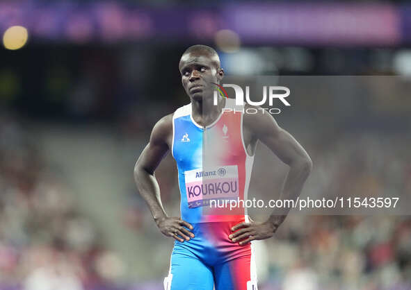 Charles-Antoine Kouakou of France looks on in Men's 400m - T20 Final during the Paris 2024 Paralympic Games at Stade de France on September...