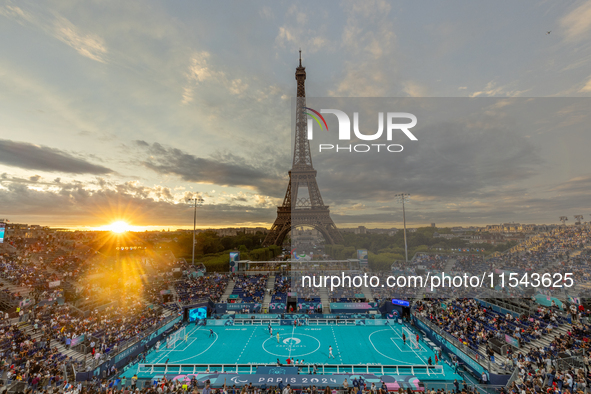 Turkey plays against Equipe de France in a blind football match at Eiffel Tower Stadium during the Paris 2024 Paralympic Games in Paris, Fra...