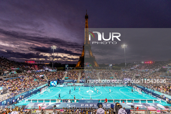 Turkey plays against Equipe de France in a blind football match at Eiffel Tower Stadium during the Paris 2024 Paralympic Games in Paris, Fra...