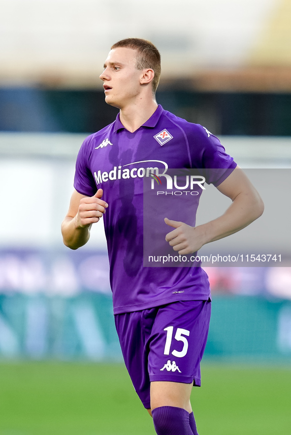 Pietro Comuzzo of ACF Fiorentina looks on during the Serie A Enilive match between ACF Fiorentina and AC Monza at Stadio Artemio Franchi on...