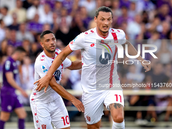 Milan Djuric of AC Monza celebrates after scoring first goal during the Serie A Enilive match between ACF Fiorentina and AC Monza at Stadio...