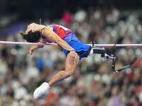 Ezra Frech of United States of America celebrates winning gold in Men's High Jump - T63 Final during the Paris 2024 Paralympic Games at Stad...