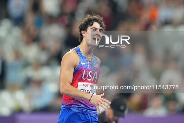 Ezra Frech of United States of America celebrates winning gold in Men's High Jump - T63 Final during the Paris 2024 Paralympic Games at Stad...